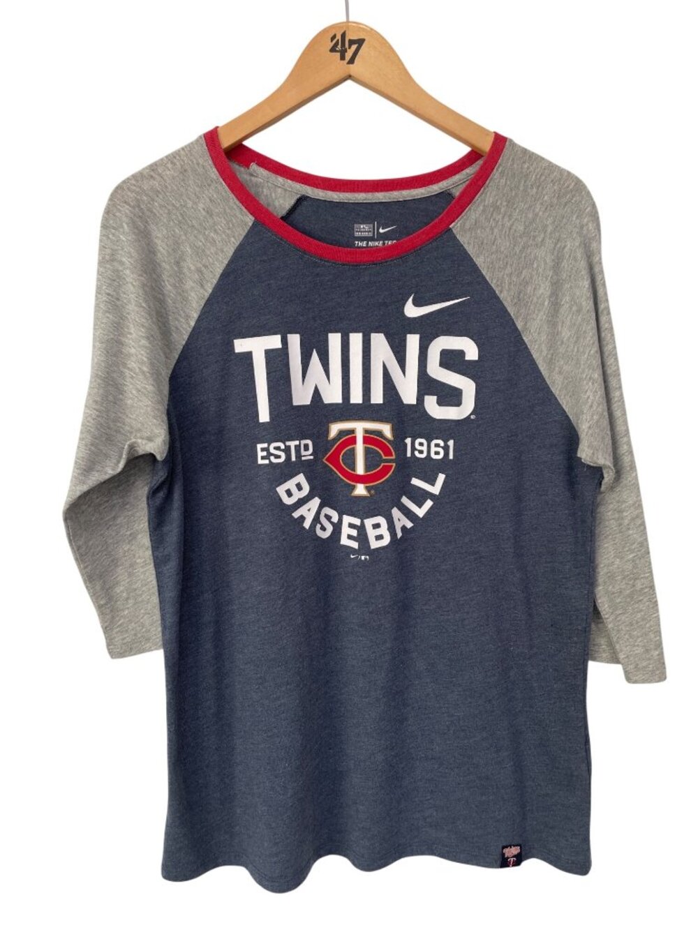 Nike Raglan Tee Large Minnesota Twins Baseball Shirt Athletic Cut Navy Blue Gray